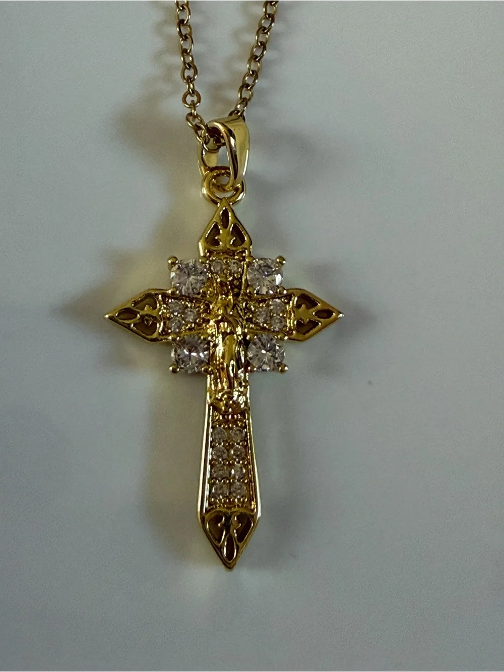 Gold Tone Cross Pendant Necklace with Clear Stones - Women Jewelry